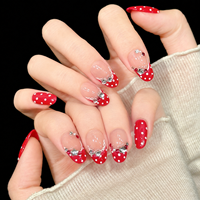 Faux ongles à presser personnalisés en gros, faits main, avec strass, motif pois rouges, French manucure, courts, ovales, réutilisables