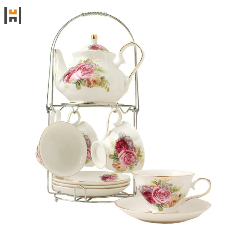 Hot sale ceramic tea cup and saucer set coffee set with iron stand