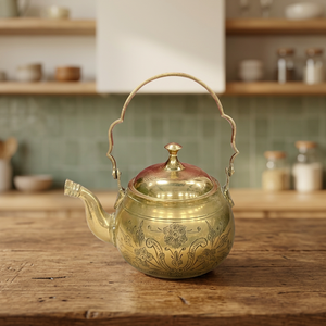 <b>Vintage</b> Brass Tea <b>Kettle</b> With Lid Metal Handle Floral Engraved Design Water Pot <b>Kettles</b> - Product Image 3