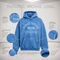 Sweat-shirt à capuche RAMAX personnalisé 480g épais bleu délavé pour homme, motif graphique High Street Archive, streetwear, vente en gros B2B