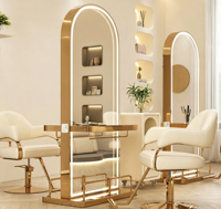 Miroir de salon éclairé par LED avec cadre en acier inoxydable doré, miroir de coiffure avec étagère de table