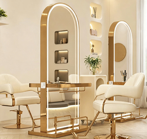Espejo de <span class=keywords><strong>Barber</strong></span>ía con Iluminación LED, Marco de Acero Inoxidable Dorado, Espejo para Peinado con Estante de Mesa - Product Image 3