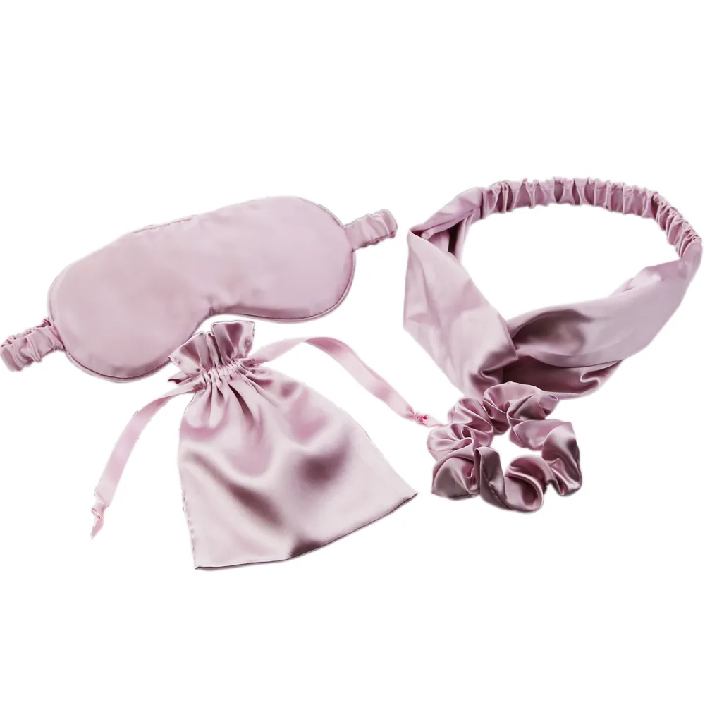 Fashion 3pcs Set Luxury Silk Eye Mask Custom Soft Eye Mask Set With Satin Hair Band And Bag