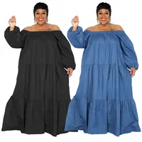 Fashion Wanita Denim Maxi Dress Ladys Ukuran Plus 4xl Jatuh Longgar Ruffle Bawah Lentera Gaun Kerah One-Piece Kasual