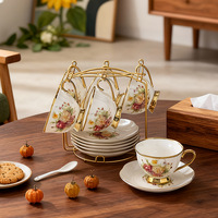 Ensemble de tasses à café et soucoupes à fleurs, usage domestique, céramique vintage, style européen, bordure dorée, 6 pièces, inspiration française, 200 ml, rond