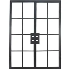Puertas de marco de hierro Puertas de entrada dobles de hierro francés de metal Vidrio simple Minimalista Acero inoxidable Hierro forjado templado GEORGIA