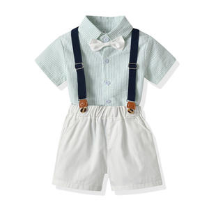 2025 verano Pastoral Casual manga corta conjunto de ropa para niños <span class=keywords><strong>camisa</strong></span> a rayas <span class=keywords><strong>tirantes</strong></span> pantalones cortos vestido de graduación Dropshipping - Product Image 3