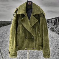 Veste en cuir de mouton véritable à double boutonnage pour femme, coupe-vent, en daim vert, disponible en échantillon et personnalisable