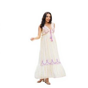 Robe longue bohème blanche en coton avec broderie florale violette, idéale pour l'été et les vacances, coupe trapèze, manches bouffantes - Product Image 1