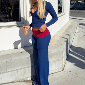 Women 2 Piece Outfit Set Long Sleeve Zip Up Crop Top <b>Red</b> Fold‑Over Waist Flare Pants Slim Fit Casual <b>Suit</b> for Daily Wear - Product Image 4