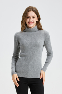 Women's <b>Turtleneck</b> Pullover Rib Knit 100% Cashmere Solid Gray Winter <b>Sweater</b> Sleeveless Casual Minimalist Style Front Logo - Product Image 3