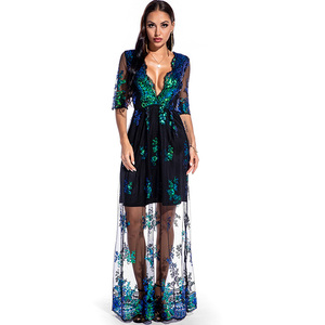 Spring and Autumn Sexy Deep V-Neck Half Sleeve Luxury Elegant Women Long <strong>Debut</strong> Gown Evening <strong>Dress</strong> - Product Image 6