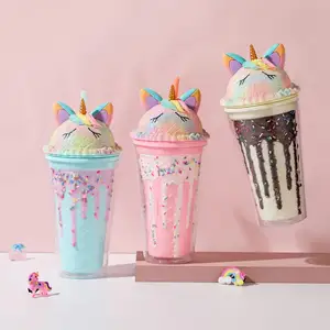 Yeni tasarım sevimli unicorn plastik soğuk su bardakları kapak ve saman ile dondurma unicorn tasarım su şişesi