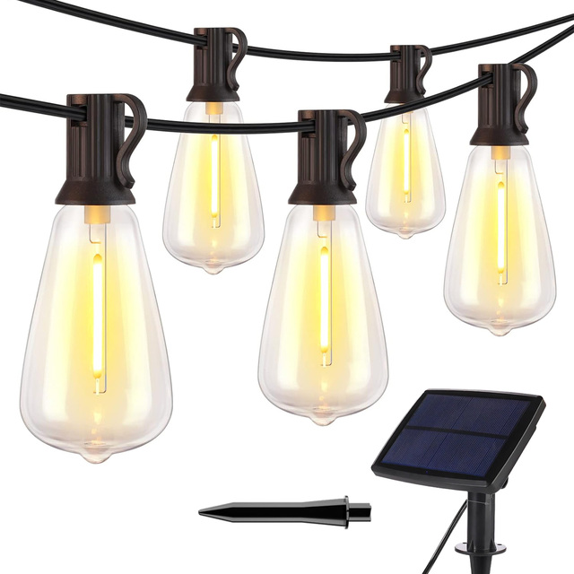 ST38 Solar Energy Dimmable 100FT Outdoor String Lights Waterproof IP65 Pendant for Exterior Porch Garden Backyard Cafe PVC 2700K