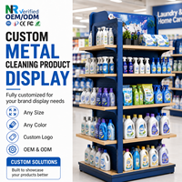 Étagère de présentation de produits de nettoyage en métal avec revêtement en poudre personnalisé, double face, avec étagères réglables et en-tête avec logo pour supermarché