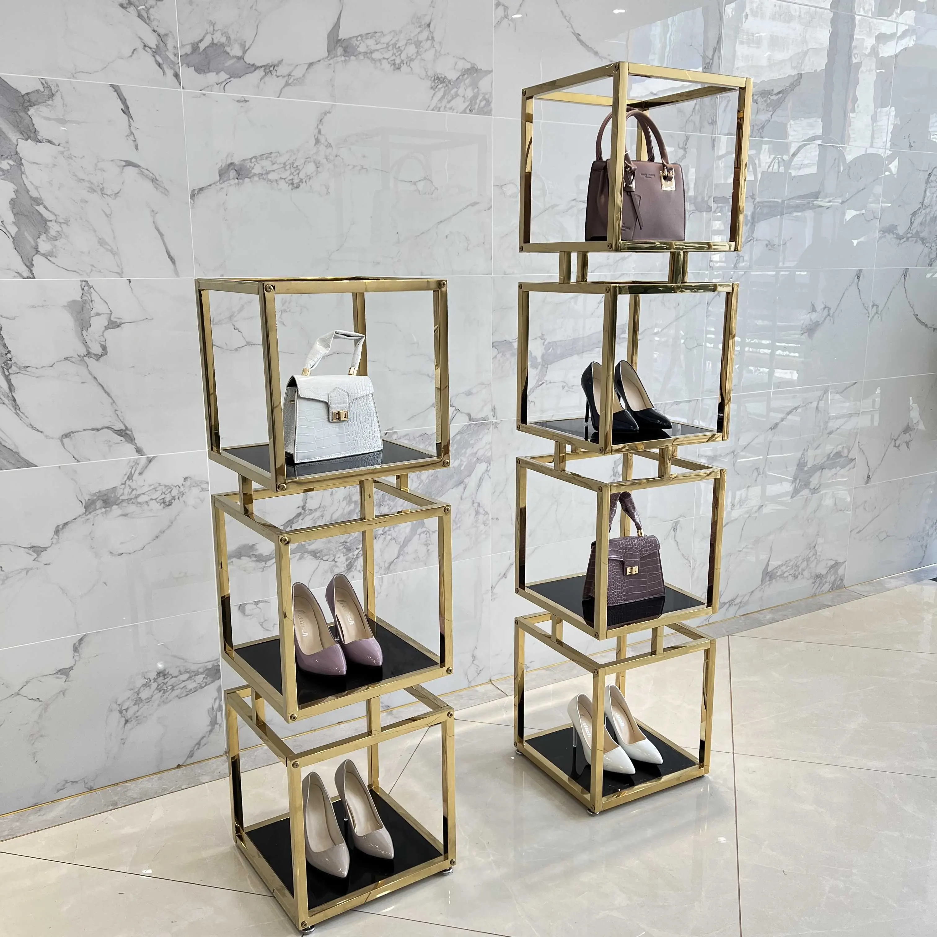 Boutique Gold Shoes Window Display Showcase Shop Metal Stainless Steel Shoe Handbag espositore Rack