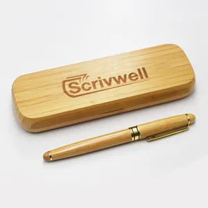 Caneta de bola de madeira de bambu, logotipo personalizado, com caixa de bambu, caixa de caneta de bambu, conjunto de presente