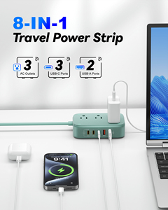 Mini multiprise verte à 3 prises avec 3 ports USB-C et 2 ports USB-A, câble de 1,8 m, conception de sécurité ABS pour usage résidentiel - Product Image 2