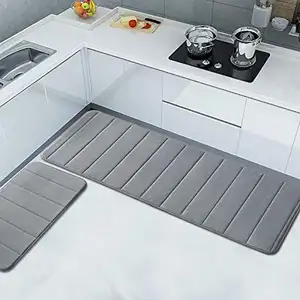 Soft Sponge Foamed Grey Modern 2 Pcs Kitchen Mats Cheap Microfiber Coral Fleece Velvet Thick Kitchen Bath Mats Set