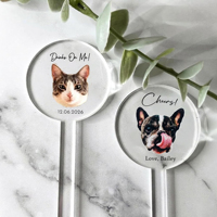 Agitateur à cocktail personnalisé en acrylique transparent avec photo de visage d'animal (chien, chat) découpé au laser pour fêtes, mariages, anniversaires