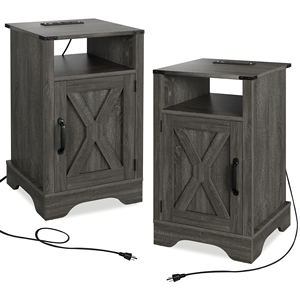 Farmhouse Nightstand <b>Side</b> <b>Table</b> Wooden Rustic <b>Tall</b> Bedside With Electrical Outlets Charging Station 2 Sets - Product Image 5