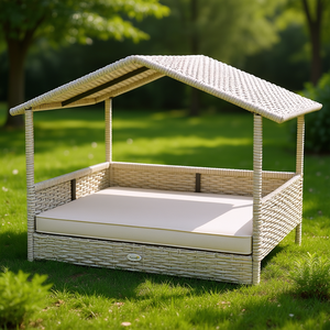 Nichoir pour chien PawHut en osier avec auvent extérieur, lit en rotin, coussin résistant à l'eau, mobilier pour animaux de compagnie de grande taille, style rectangulaire moderne - Product Image 2