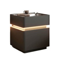 Mesa de Noche Levitante para Dormitorio, Nueva, de Madera Maciza con Acabado en Cuero, Diseño Minimalista Moderno, Compacta e Inteligente con Cargador