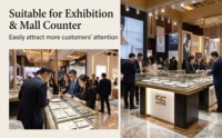 Vitrine de présentation de bijoux en acier inoxydable doré sur mesure avec éclairage LED pour bijouterie
