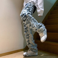 Logo personnalisé, déchiré et patché, pantalon large vintage à jambes droites, style streetwear, jeans délavés pour hommes