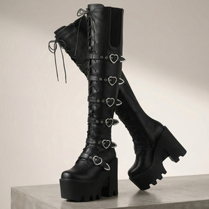 Bottines noires <span class=keywords><strong>gothiques</strong></span> WETKISS pour femmes, avec boucles en forme de cœur, à porter au-dessus du genou, talons épais, <span class=keywords><strong>bottes</strong></span> longues, chaussures cyber goth pour femmes - Product Image 3