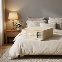 Boîte de rangement pliable beige en tissu Oxford pour lit, avec design supérieur et poignée, style moderne, pour draps de lit