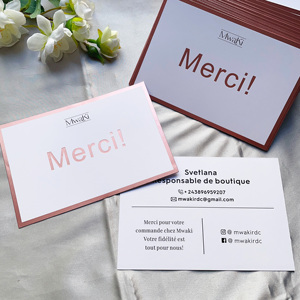 การ์ดขอบคุณแบบฝรั่งเศส Merci แบบกำหนดเอง ขอบฟอยล์สีโรสโกลด์ ปั๊มโลโก้ด้วยความร้อน การ์ดอวยพรกระดาษสีขาวสำหรับธุรกิจขนาดเล็ก - Product Image 3