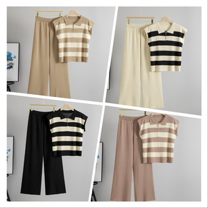 Abito Estivo da Donna <span class=keywords><strong>in</strong></span> Maglia Stile Coreano di Lusso, Casual a Righe con Vita Stretta, Traspirante, Vestibilità Ampia, Set Maglione Rilassato - Product Image 2