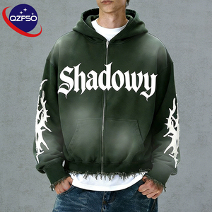 Felpa con Cappuccio Corta da Uomo QZFSO, Stile Y2K, Lavaggio Acido, Ricamo Applicato, 100% Cotone di Alta Qualità - Product Image 1