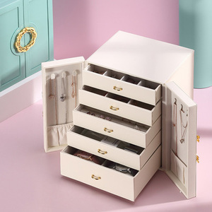 Boîte à bijoux rectangulaire de luxe en cuir à cinq couches, grande capacité, double ouverture, pour le rangement domestique avec tiroir - Product Image 4