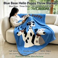 Couverture Polaire Hello Puppy Bleue Double Face Ultra Douce avec Trois Chiens Mignons pour Canapé, Maison, Cadeau pour Amoureux des Chiens, Vente en Gros