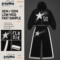 Ensemble décontracté pour homme personnalisé, haut à capuche noir et pantalon large à taille élastique avec imprimé étoile blanche, OEM ODM