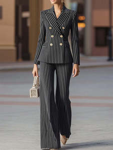 Completo da Donna a Righe <span class=keywords><strong>Doppiopetto</strong></span>, Set da Ufficio 2 Pezzi con Blazer e Pantaloni a Zampa - Product Image 1