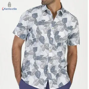Giantextile New Look Men's 100% Cotton Casual Slub Shirt Leaf Print Short Sleeve Smart Casual Shirt For Men