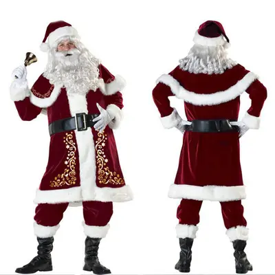 コールドカーアダルトサンタクロースコスチュームラグジュアリークリスマスコスチュームプレミアムフロッキングシックンアニメコスプレ衣装
