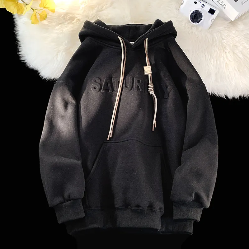 3D dập nổi biểu tượng tùy chỉnh hoodie Drop Shoulder Kangaroo túi bông đôi lớp đàn hồi Cuff HEM Hoodies