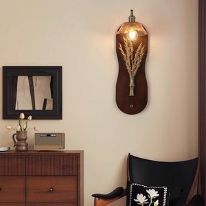 Lámpara de Pared Vintage Wabi Sabi con Pantalla de Vidrio Ámbar, Aplique de Madera Retro para Dormitorio, Decoración de Sala de Estar - Product Image 2