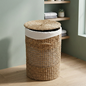 Panier de rangement circulaire en jonc de mer naturel écologique avec couvercle, panier à linge moderne tressé pour la décoration de la maison et de la chambre - Product Image 6