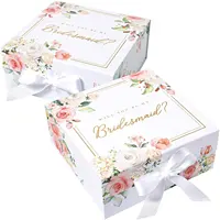 골드 Foiled 텍스트 자기 폐쇄 꽃 무늬 흰색 판지 상자 접이식 신부 들러리 제안 상자 세트
