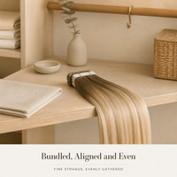 Extensions de cheveux Ombré Brun-Caramel, mèches fines et lisses, pointes dorées, échantillons de tissage pour présentation de nuancier de couleur capillaire