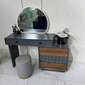 Modern Makeup <b>Vanity</b> <b>Table</b> with Lighted <b>Mirror</b> Gray Metal and Wood Storage Desk for Bedroom Furniture - Product Image 1