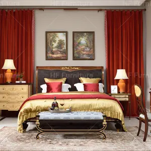 欧洲豪华卧室套装皇家雕刻木床实木床头柜，带3个抽屉