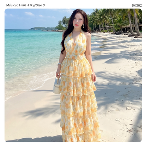 Women Floral Chiffon Tiered Maxi <b>Dress</b> Halter Neck A-Line <b>Summer</b> <b>Boho</b> Style Breathable Sleeveless Long Flowy ODM Vietnam - Product Image 3