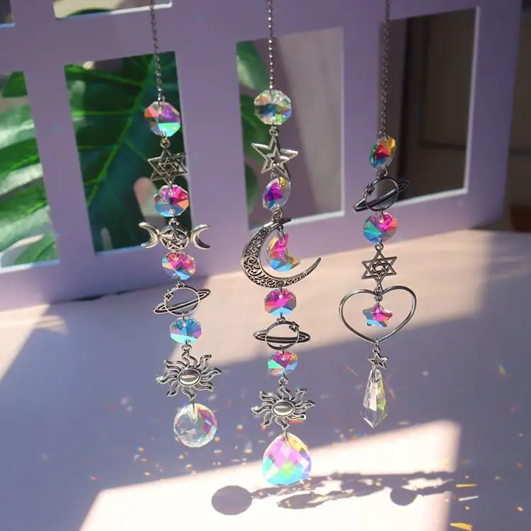 Crystal Wind Chime Moon Sun Catcher Diamond Prisms Pendant Dream Catcher Rainbow Chaser Hanging Drop Home Windchime
