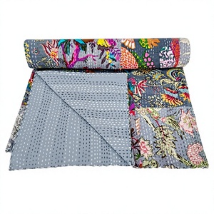 Handmade <b>Indian</b> Floral Printed Kantha <b>Quilt</b> Organic Cotton Traditional Home Decor All Season Green White Pattern - Product Image 1